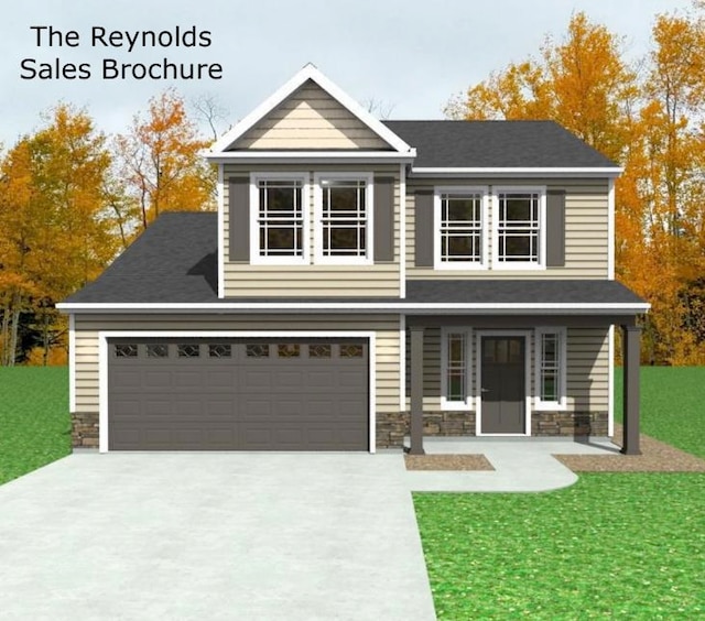 view of front of property with a garage, stone siding, driveway, and a front lawn