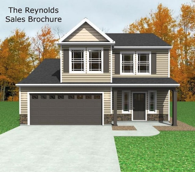 view of front of property featuring driveway, a garage, stone siding, covered porch, and a front yard