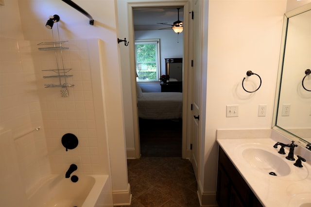 bathroom featuring ensuite bathroom, ceiling fan, shower / bathtub combination, vanity, and tile patterned floors