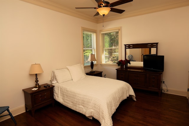 bedroom with baseboards, ceiling fan, dark wood-type flooring, and crown molding