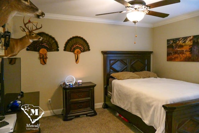 bedroom with carpet flooring, crown molding, and ceiling fan