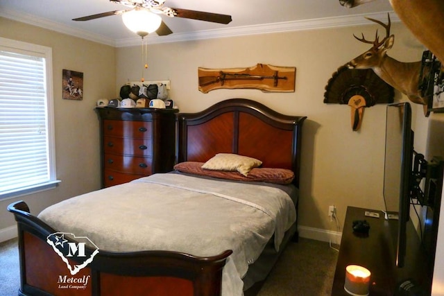 carpeted bedroom featuring ceiling fan, crown molding, and multiple windows