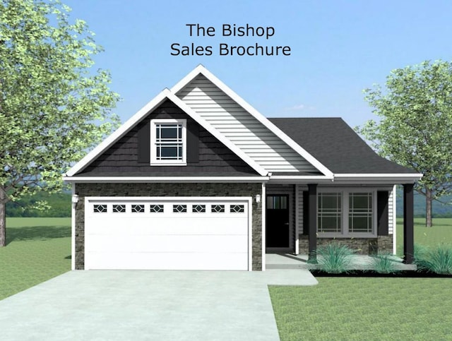 craftsman inspired home with stone siding, driveway, a garage, and a front yard