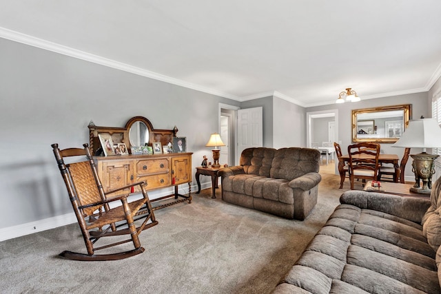 living room with ornamental molding and carpet