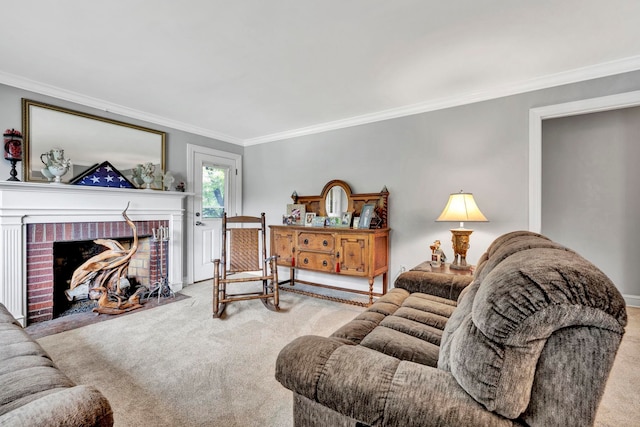 living room featuring ornamental molding, carpet flooring, and a brick fireplace