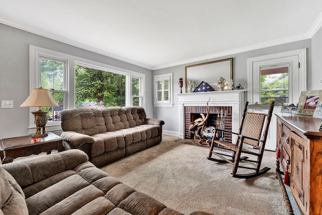 living room with a brick fireplace, crown molding, and carpet flooring