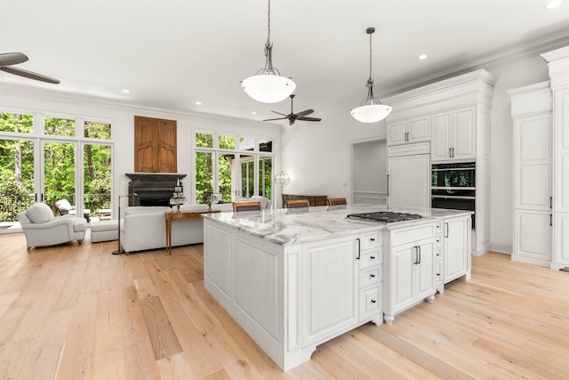 kitchen with paneled refrigerator, ceiling fan, light hardwood / wood-style floors, and white cabinetry