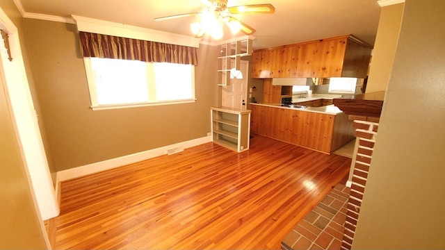 kitchen with ceiling fan, sink, light hardwood / wood-style floors, crown molding, and kitchen peninsula