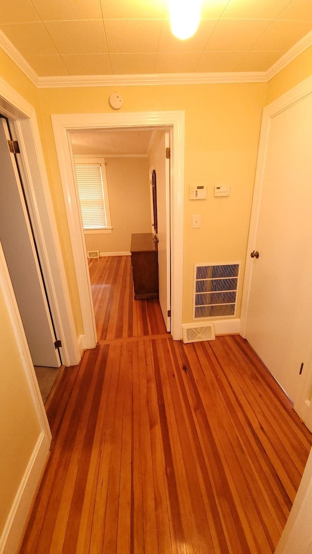 hallway featuring dark hardwood / wood-style flooring and crown molding