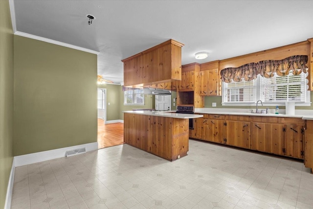 kitchen with a healthy amount of sunlight, sink, light tile floors, and crown molding