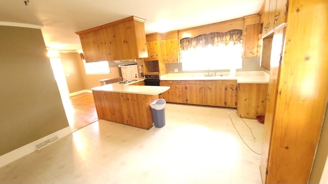 kitchen with oven, ornamental molding, kitchen peninsula, sink, and light hardwood / wood-style floors