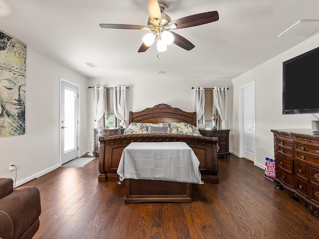 bedroom featuring dark wood-type flooring and ceiling fan