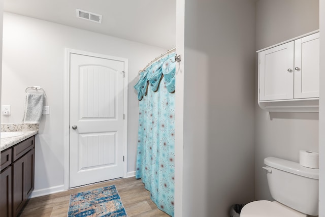 bathroom with vanity, wood-type flooring, and toilet