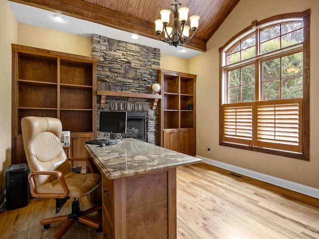 office space featuring light wood-type flooring, a fireplace, wood ceiling, beamed ceiling, and a chandelier