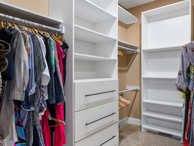 spacious closet featuring light carpet