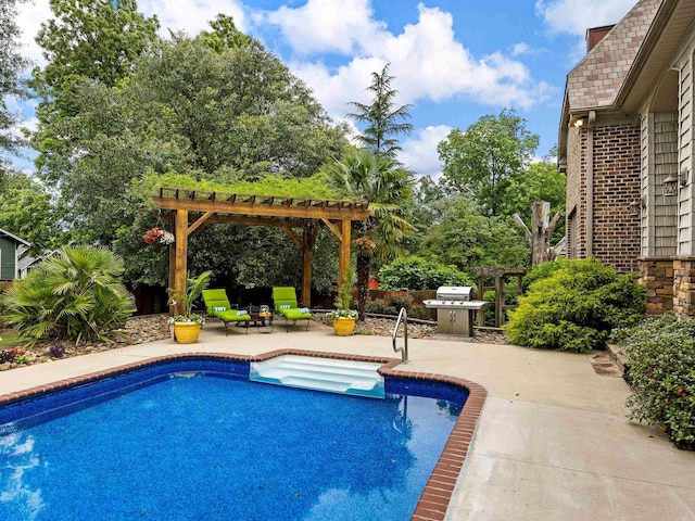 view of pool with a pergola, a patio, and a grill