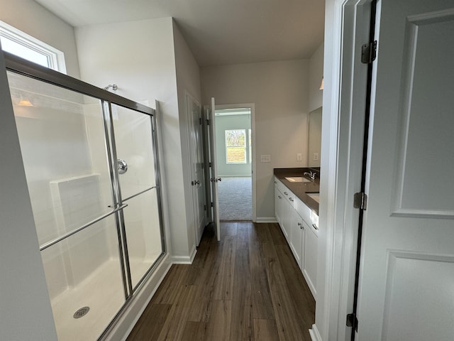 1465 Macedonia, Gaffney, SC 29341 - full bath with wood finished floors, a stall shower, vanity, and baseboards