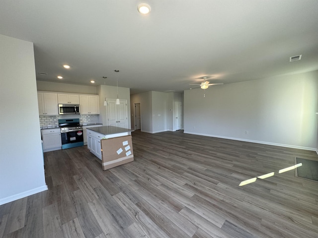 1465 Macedonia, Gaffney, SC 29341 - kitchen featuring stainless steel appliances, a ceiling fan, white cabinetry, open floor plan, and dark wood-style floors