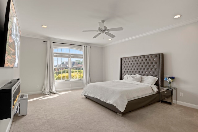 bedroom with baseboards, recessed lighting, carpet flooring, and crown molding