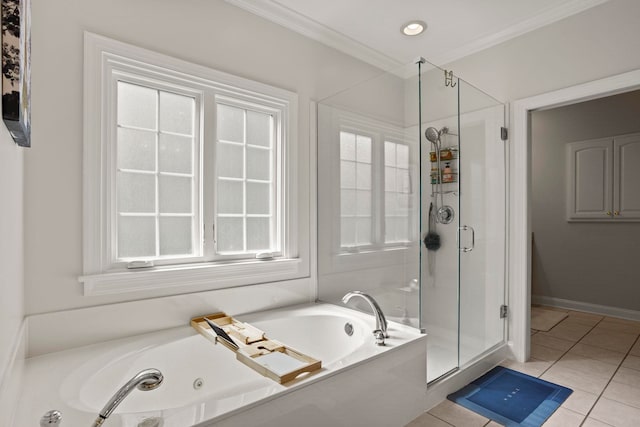 bathroom with a stall shower, plenty of natural light, a jetted tub, tile patterned flooring, and crown molding