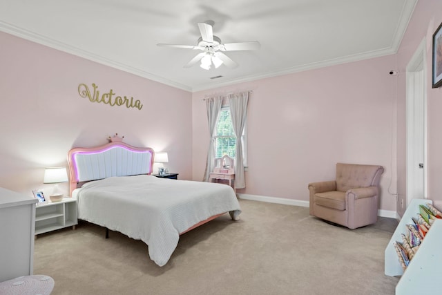 carpeted bedroom with ornamental molding, a ceiling fan, and baseboards