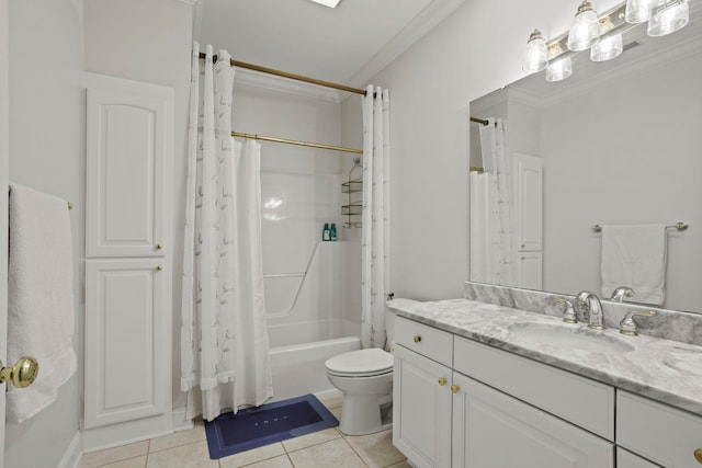 full bathroom with tile patterned flooring, crown molding, shower / bathtub combination with curtain, and toilet