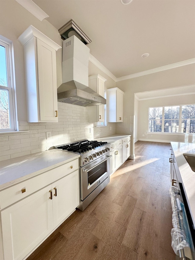 kitchen with white cabinetry, high end stove, ornamental molding, and wall chimney range hood