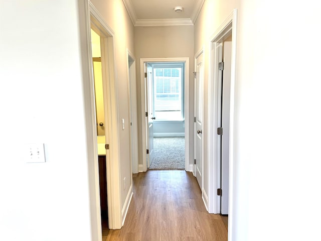 hall with light hardwood / wood-style flooring and ornamental molding