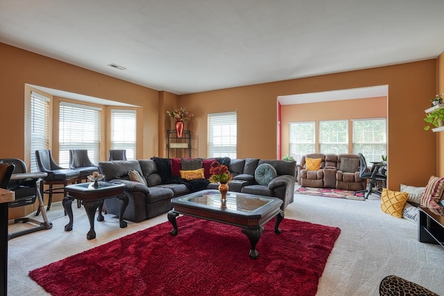 living room with carpet flooring and plenty of natural light