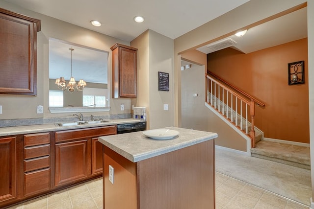 kitchen with a notable chandelier, sink, black dishwasher, a center island, and light tile patterned floors