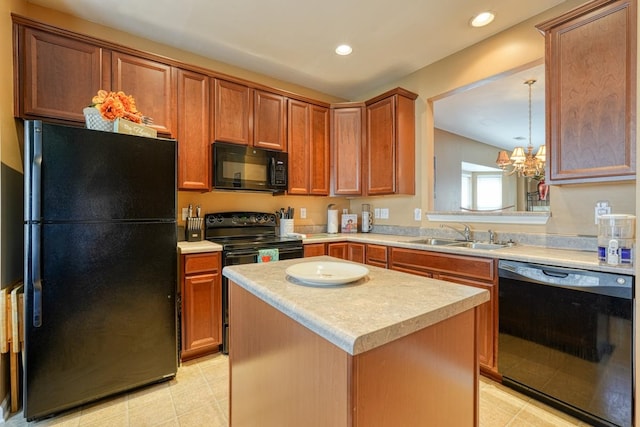 kitchen with light tile patterned floors, a center island, black appliances, and sink