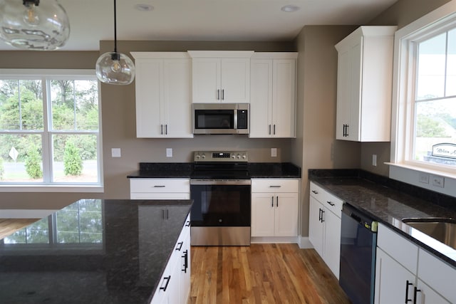 kitchen featuring white cabinetry, stainless steel appliances, a wealth of natural light, and pendant lighting