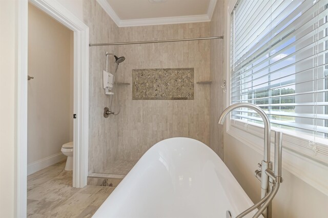 bathroom featuring crown molding, shower with separate bathtub, and toilet