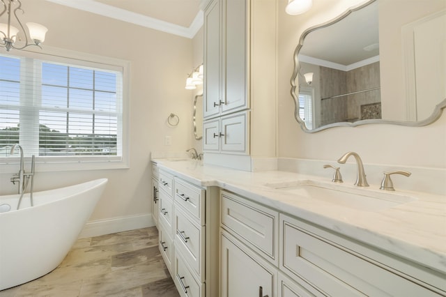 bathroom featuring independent shower and bath, crown molding, and vanity