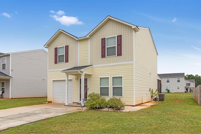 view of front of home featuring a front yard, cooling unit, and a garage