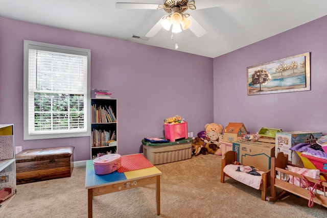 game room featuring carpet floors and ceiling fan