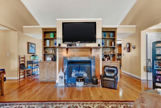 living room with a premium fireplace, light wood-type flooring, and ornamental molding