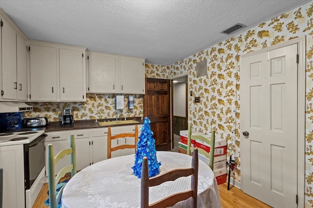 kitchen with white electric stove, sink, a textured ceiling, and light hardwood / wood-style floors