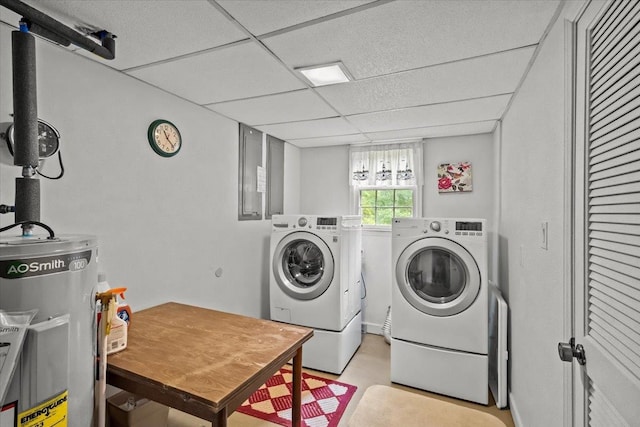 clothes washing area featuring water heater and washer and clothes dryer