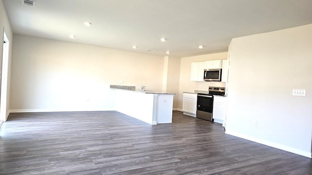 kitchen featuring stainless steel appliances, white cabinetry, dark wood-type flooring, and kitchen peninsula