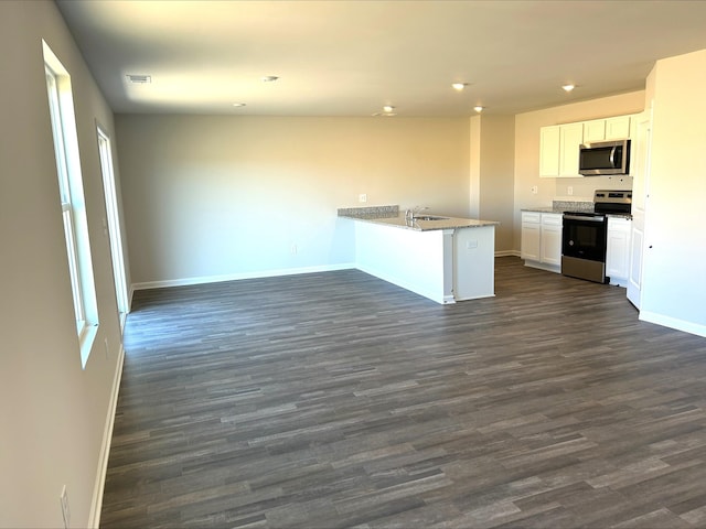 kitchen featuring appliances with stainless steel finishes, dark wood-type flooring, white cabinets, and kitchen peninsula