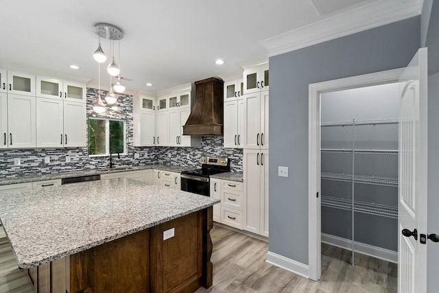 kitchen featuring decorative backsplash, light wood-style flooring, custom range hood, stainless steel range with electric cooktop, and a sink