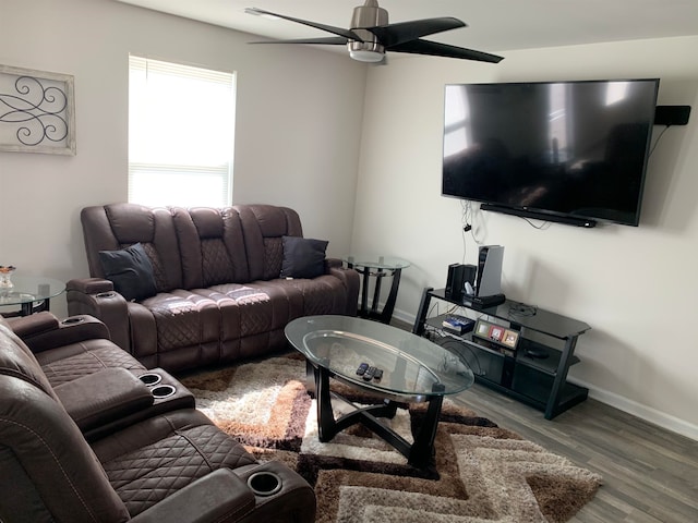 living room with hardwood / wood-style flooring and ceiling fan