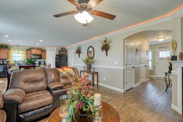 living room with ceiling fan, wood-type flooring, plenty of natural light, and ornamental molding