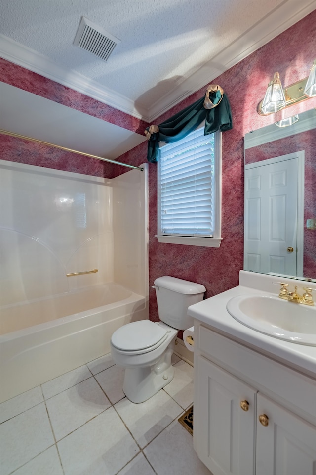 full bathroom featuring shower / tub combination, a textured ceiling, tile patterned floors, and vanity