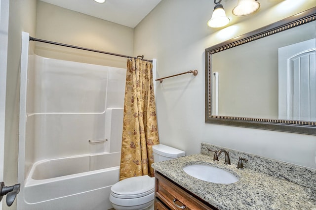 full bathroom with shower / tub combo, vanity, and toilet