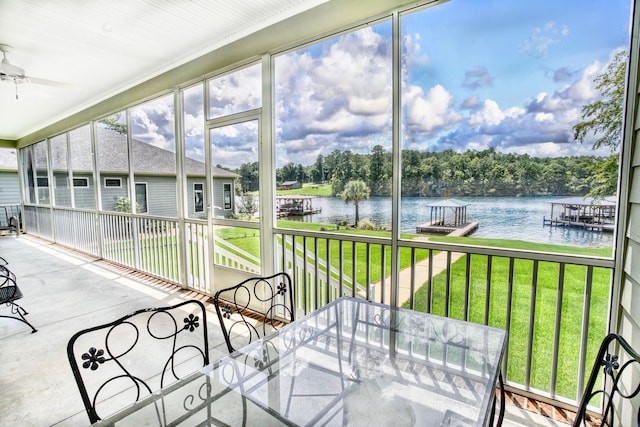 sunroom / solarium with ceiling fan and a water view