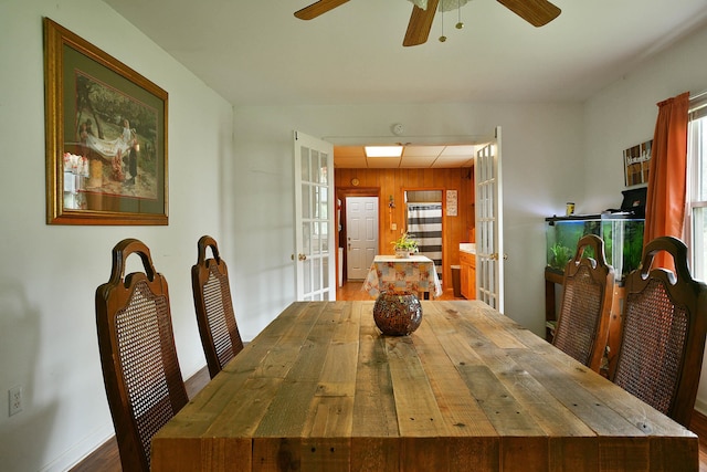 dining room with ceiling fan, french doors, hardwood / wood-style floors, and a wealth of natural light