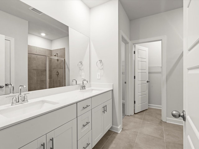 bathroom with a stall shower, tile patterned flooring, a sink, and visible vents