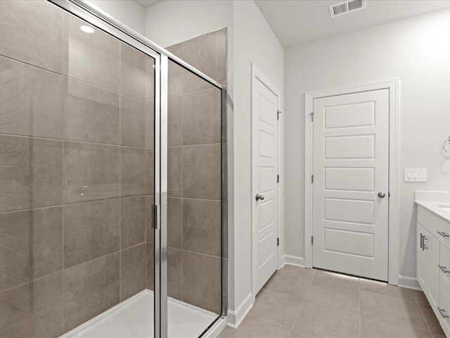 full bathroom featuring a shower stall, vanity, visible vents, and tile patterned floors